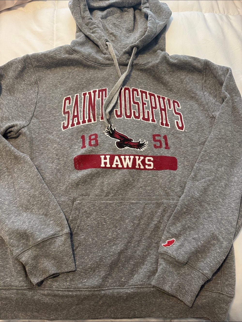 League Gray Hooded Sweatshirt with Red Saint Joseph's Hawks Design